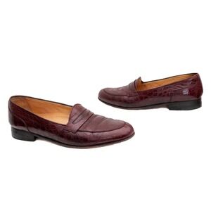 A.Testoni Burgundy Croc Embossed Leather Penny Loafers Mens US 9 Slip On